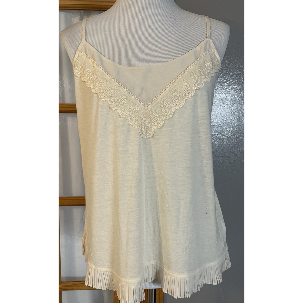 Y2K AEO Slip Cami Babydoll Top Sz L Ivory Lace Trim Pleated Hem Sexy Romantic